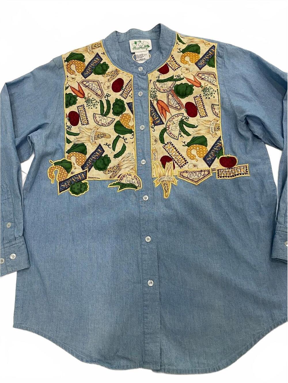 The Quacker Factory Women's Medium Blue Chambray Shirt with Vegetable Patchwork